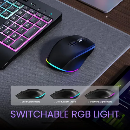 Vista 5 de Combo de teclado y mouse inalámbricos: teclado recargable VEILZOR 2.4G con soporte para teléfono, reposamuñecas ergonómico, 9 efectos
