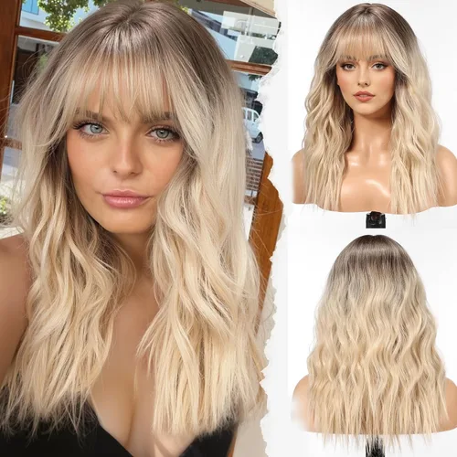Vista 11 de HAIRCUBE Peluca larga con flequillo, pelucas sintéticas onduladas para mujer, color castaño rojizo