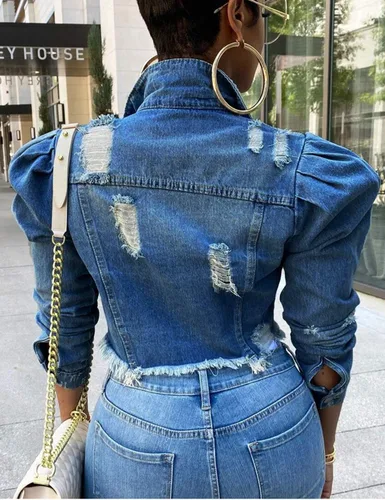 Vista 2 de Omoone Chaqueta de mezclilla de manga abombada rasgada para mujer