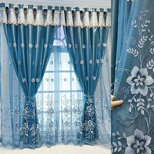 Vista 11 de Amidoudou 1 par de cortinas europeas de doble capa para sala de estar, dormitorio, cortinas bordadas de flores de lujo con cenefa