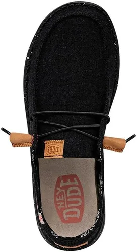 Vista 6 de Hey Dude Wendy de lona lavada para mujer Zapatos de mujer Mocasines con cordones para mujer Cómodos y ligeros Negro