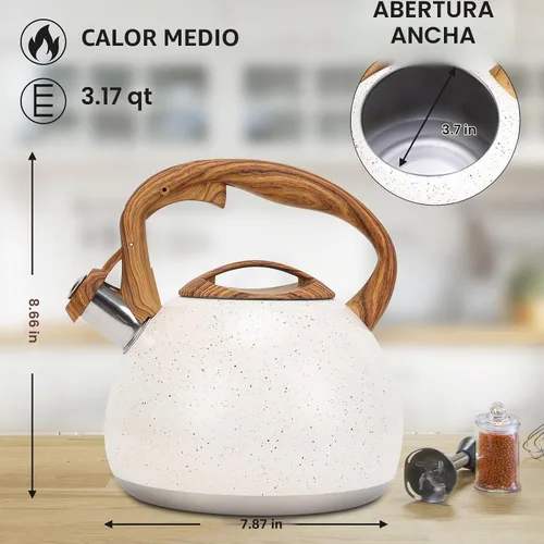 Vista 3 de Tetera, Vegoran Tetera Silbante de 100 OZ / 3 Litros, Teteras para Estufa de Acero Inoxidable Grado Alimenticio con Mango Plegable