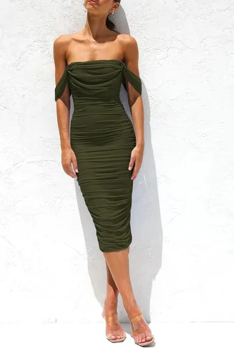 Vista 4 de PRETTYGARDEN Vestido de verano para mujer, con hombros descubiertos, fruncido, entallado, sin mangas, ajustado, para fiesta, club, por debajo