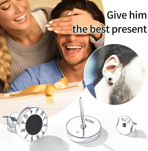 Vista 8 de ChicSilver Pendientes de tuerca de plata de ley 925 con runa vikinga de ónix negro natural para mujeres y hombres