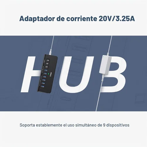 Vista 6 de Hub USB alimentado de 10 Gbps, intpw YH6AC Divisor USB de 9 puertos con USB A/USB C 3.2, 4 USB 3.0, 2 puertos de carga PD de 45 W, adaptador