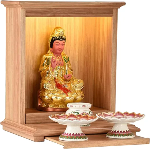 Vista 5 de Estante budista de madera para altar de Buda, Santuario de Buda que ahorra espacio, mesa de casa Pooja Pooja de madera, mesa de altar de meditación