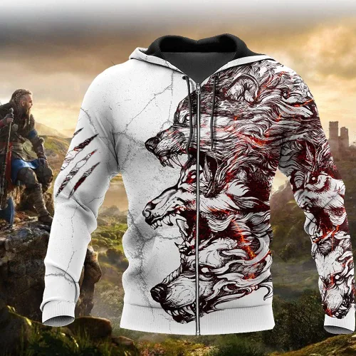 Vista 2 de Sudadera con capucha Viking Fenrir con estampado 3D de tres lobos grises Totem unisex