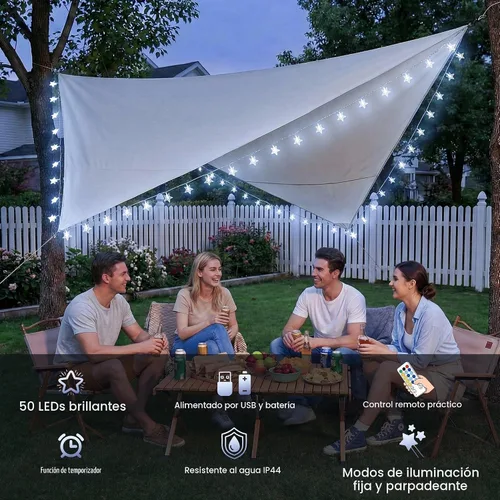 Vista 3 de HEYFUNi Guirnalda de luces de estrella USB y funciona con pilas, 16 pies, 50 luces LED con control remoto, 8 modos, 4 brillo y velocidad, luces