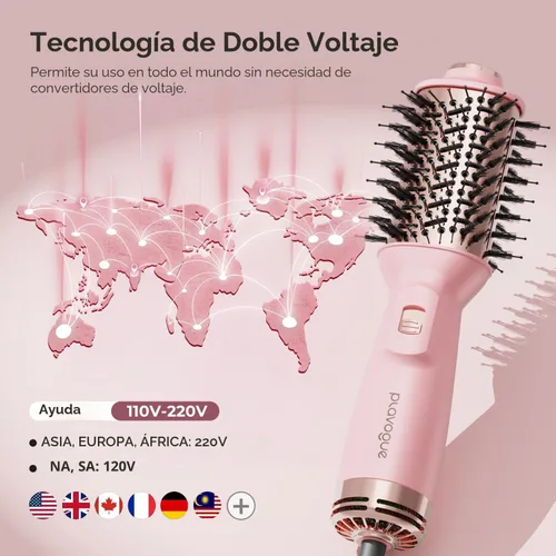 Vista 3 de PLAVOGUE Mini cepillo secador de pelo de doble voltaje, cepillo de aire caliente de viaje de 700 vatios con enchufe europeo, secador iónico de un