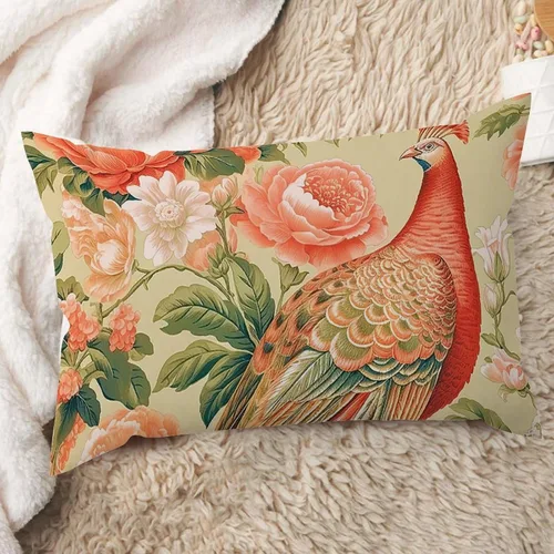Vista 45 de ArogGeld Fundas de cojín de estilo chinoiserie, diseño de flores y pájaros, color rosa rubor, diseño de animales de pavo real, jardín asiático