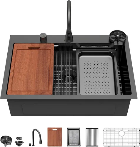 Vista 41 de Sarlai - Fregadero de cocina de cascada de 31 pulgadas, de montaje superior - 31x20 Fregadero de cocina con borde y estación de trabajo, de acero