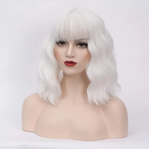 Vista 4 de DWMGLP Peluca rizada blanca corta de 14 pulgadas para mujeres y niñas, pelucas de fibra resistentes al calor, Halloween, cosplay, fiesta diaria +