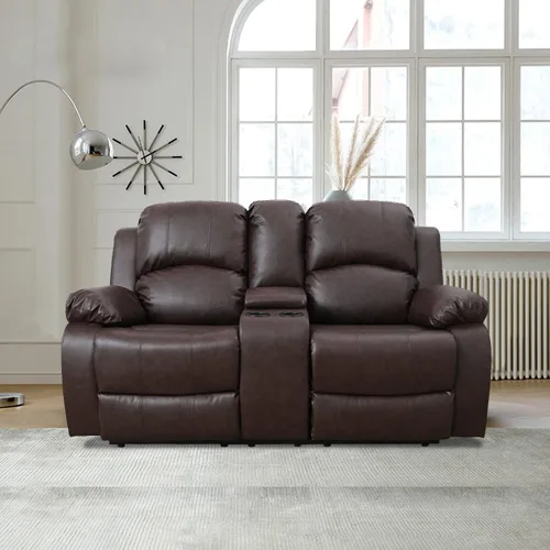 Vista 6 de Sofá reclinable manual de cuero para muebles de sala de estar, sofá reclinable de 78 pulgadas con mesa abatible, portavasos y sofá de cuero