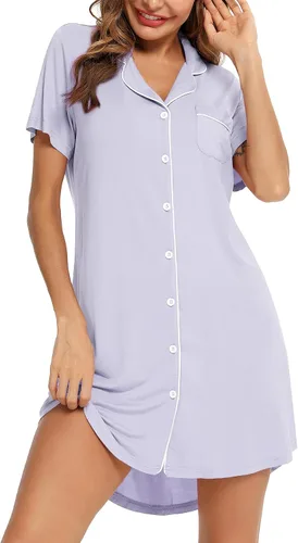 Vista 132 de Samring Camisón de pijama para mujer, manga corta/larga, con botones, camisón para dormir, camisón para novio, talla XXL