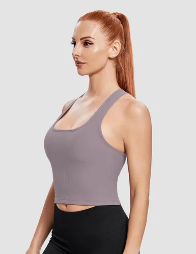 Vista 3 de BAYDI Sujetadores deportivos para mujer con cuello cuadrado, camisetas sin mangas con sujetadores integrados acolchados para entrenamiento de línea