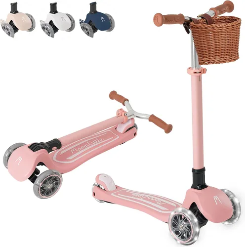Vista 16 de MomnLittle - Patinete para niños de 3 a 10 años (beige/rosa/azul marino/blanco) de 3 ruedas con luces LED, certificado por la CPSC plegable y 4
