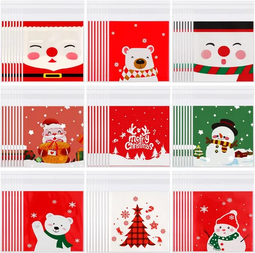 Vista 8 de FEBSNOW 450 bolsas de dulces de Navidad, bolsas autoadhesivas de celofán, bolsas de plástico para galletas para Navidad, fiestas, regalos