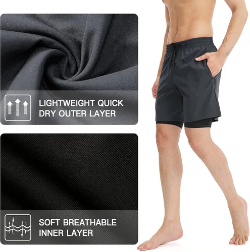 Vista 2 de Lixada Mens Running Shorts Quick Dry Breathable Workout Shorts with Inside Phone PocketZipper Side PocketsWaist Pockets