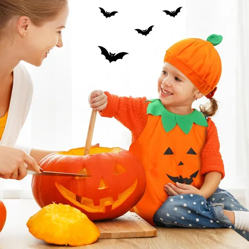 Vista 6 de Disfraz de calabaza de Halloween para niños de 0 a 24 meses, unisex, calabaza naranja, divertido traje de cosplay con 1 cesta de calabaza y 1