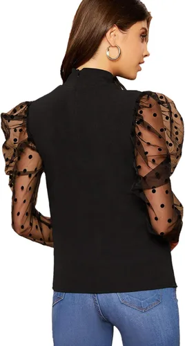 Vista 2 de Floerns Blusa de manga abombada con cuello de lunares para mujer