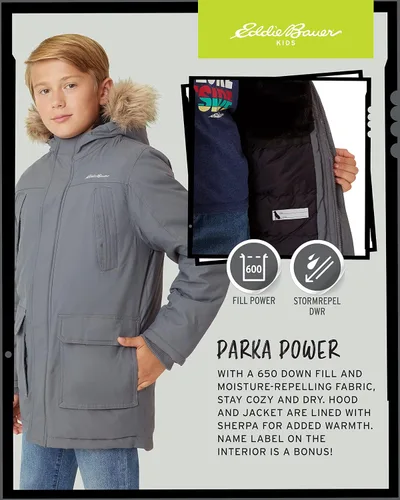 Vista 4 de Eddie Bauer Abrigo de invierno para niños Chaqueta impermeable de plumón pesado con capucha de piel sintética 3-16