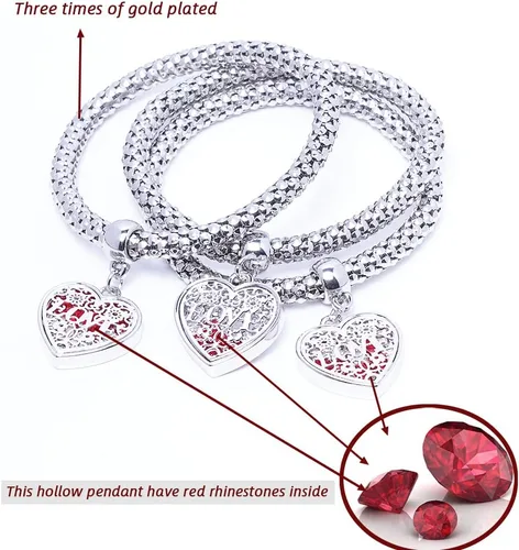 Vista 2 de SILANER Pulseras multicapa con dijes de cristal, 3 pulseras de cadena de maíz de oroplataoro rosa para mujer, pulsera elástica en forma de corazón