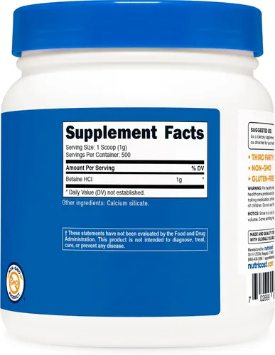Vista 5 de Nutricost Betaína HCl en polvo 17.64 oz, sin gluten, sin OMG