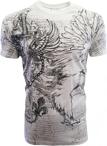 Vista 3 de KonflicUSA Camiseta para hombre con diseño de espada y cadenas, diseño de águila, diseño de espada y cadenas, color plateado metálico, cuello