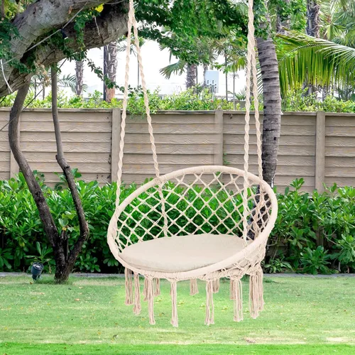 Vista 3 de Tangkula Silla hamaca con cojín, estilo bohemio de macramé con kit de accesorios para colgar y correa, columpio de cuerda colgante para interiores