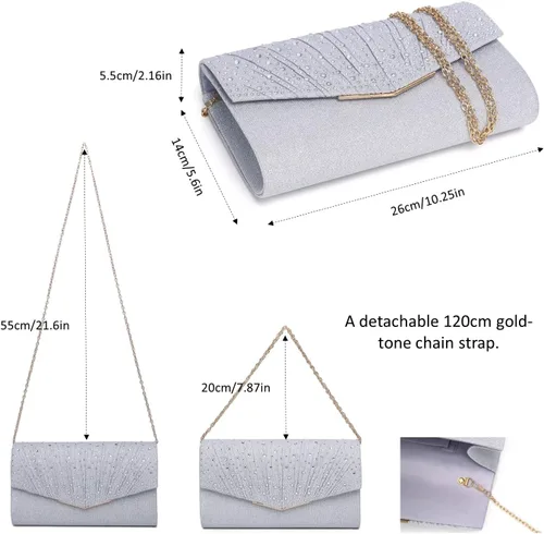 Vista 5 de Bolso de noche para mujer, bolso de mano con diamantes de imitación, lentejuelas con purpurina, bolso cruzado para mujer, fiesta de boda
