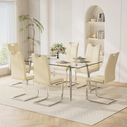 Vista 25 de Juego de mesa de comedor moderno de 51 pulgadas para 4 mesas rectangulares de cristal con 4 sillas tapizadas de cuero, asientos 4 ideales para Beige