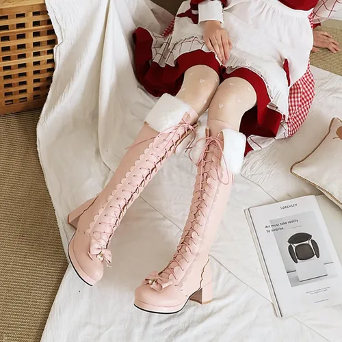 Vista 5 de Botas altas hasta la rodilla con plataforma para mujer, con lazo de invierno, con cremallera, botines largos Kawaii