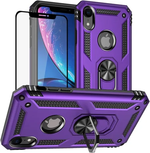 Vista 11 de Yiakeng Funda para iPhone XR, iPhone XR con protector de pantalla, fundas protectoras de grado militar con anillo para iPhone XR (negro)
