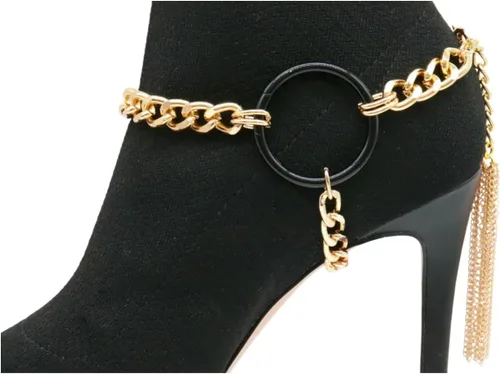 Vista 4 de Pulsera de botas de moda para mujer, cadena de metal, zapato de motociclista, negro, círculo, borla dorada, Metal