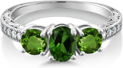 Vista 17 de Gem Stone King Anillo de compromiso de 3 piedras preciosas de oro blanco de 10 quilates con piedra natal y diamantes cultivados en laboratorio