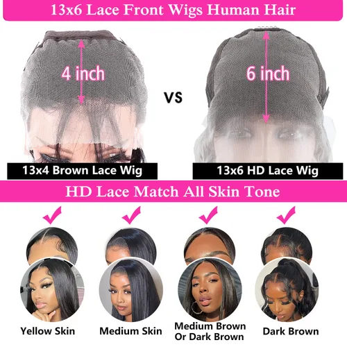 Vista 6 de mengkai Pelucas de cabello humano de 32 pulgadas con encaje frontal de 13x6, cabello humano predesplumado liso, peluca frontal de encaje HD