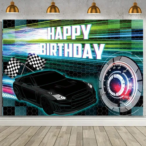 Vista 15 de MEHOFOND Telón de fondo negro de 7 x 5 pies, decoración de fiesta de carreras para niños, cartel de fiesta de cumpleaños con temática de auto