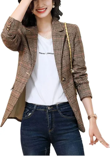 Vista 2 de ebossy Chaqueta de gallo con solapa y 2 botones para mujer, chaqueta a cuadros de pata de gallo