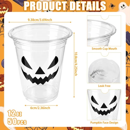Vista 2 de 50 Pcs Halloween Plastic Cups 12oz Black Pumpkin Face Disposable Clear Cups Set with 3 Styles Patterns for Halloween Trick or Treat Birthday Party