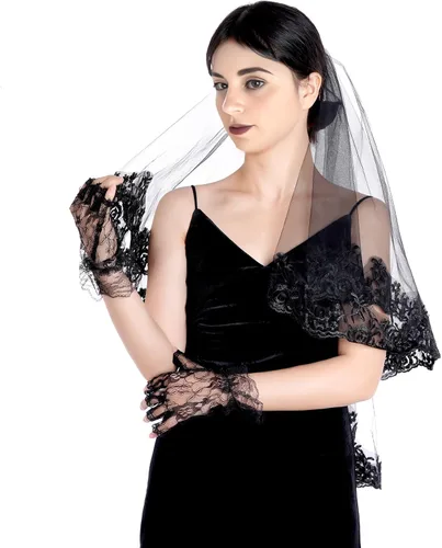 Vista 5 de choyaxo Velo de novia de encaje negro, velo de novia de encaje floral, velo de Halloween con peine y guantes cortos de encaje negro para mujeres