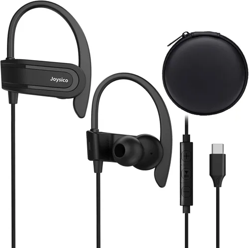 Vista 9 de Joysico - Auriculares con cable sobre la oreja con micrófono, control de volumen, gancho para la oreja y estuche, auriculares deportivos resistentes