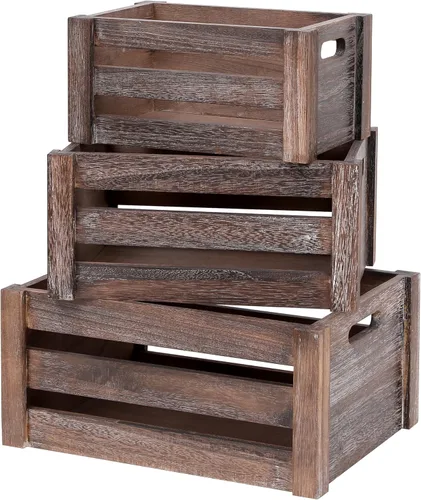 Vista 11 de Cajas grandes clásicas de madera negra para exhibición, conjunto de 3 cajas de madera con asas, cajas de madera hechas a mano estilo rústico