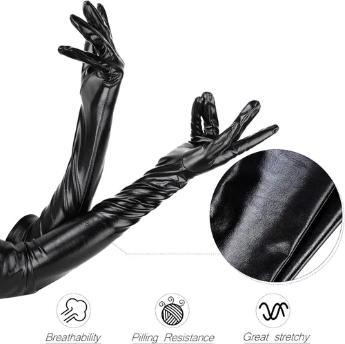 Vista 3 de SATINIOR Guantes metálicos de 21 pulgadas, guantes largos y brillantes, guantes de ópera para cosplay, unisex, para hombre, Negro