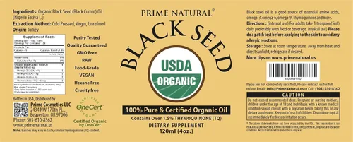 Vista 7 de Aceite de semilla negra orgánico Prime Natural 120 mL - Prensado en frío sin refinar, alto contenido de timoquinona 1.7%, certificado USDA - Origen