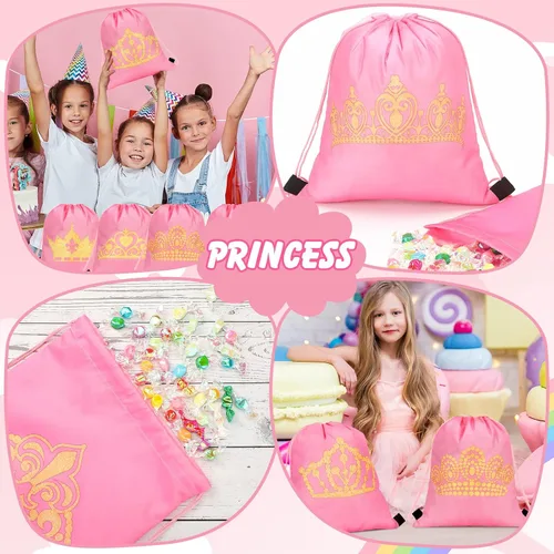 Vista 4 de Funtery 16 bolsas temáticas de princesa, regalos de princesa, bolsas rosadas con cordón para regalo de cumpleaños, regalos de boda, suministros