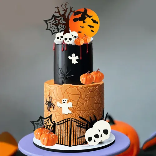 Vista 5 de Decoración para tartas de Halloween, luna y fantasma, cabeza de calabaza, calavera y telaraña, decoración de pastel para Halloween de dulce o truco