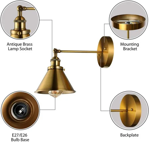 Vista 3 de LITFAD Paquete de 2 lámparas de pared ajustables con acabado de latón, 1 lámpara de pared industrial retro de 7.2 pulgadas con pantalla de cono