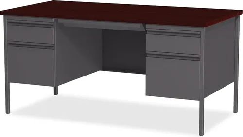 Vista 6 de Lorell Fortress - Escritorio con pedestal doble, 30 x 60 x 29.5 pulgadas, base de acero gris con parte superior laminada de caoba