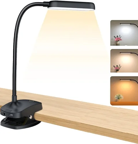 Vista 8 de COLORLIFE Lámpara de escritorio con clip, 7 W, 2600 mAh, cuello de cisne flexible, funciona con pilas, lámpara de lectura recargable con abrazadera
