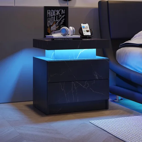 Vista 10 de Juego de 2 mesitas de noche LED negras, juego de 2 mesitas de noche modernas con 2 cajones, mesa auxiliar con luces LED para dormitorio, sala